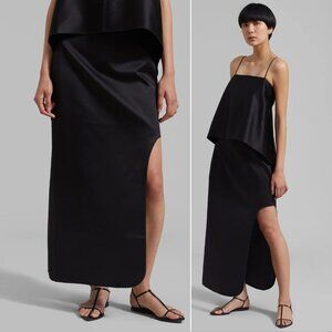 By Malene Birger Wick Midi SKIRT Size 32 0 Black Structured Satin Slit NEW $380